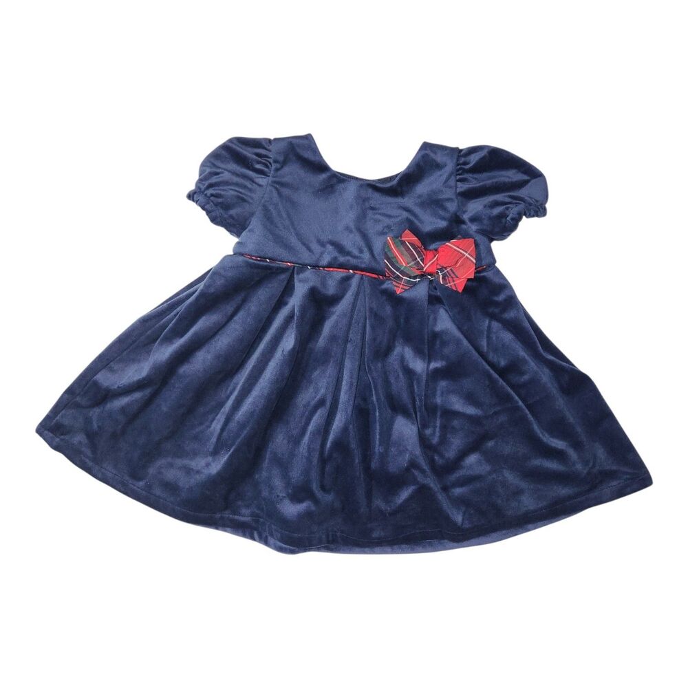 Max Studio Girl's Blue Velvet Dress w/Red Plaid Bow 12 Months